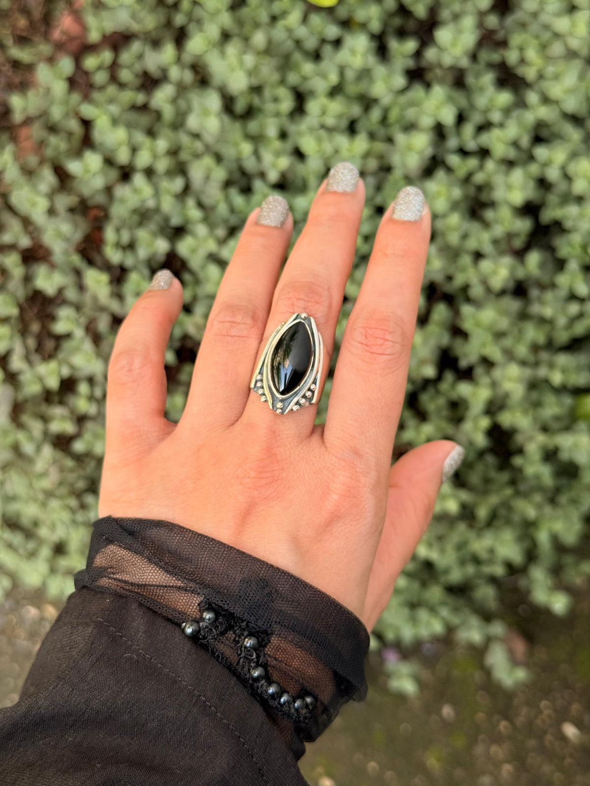 925 Sterling Silver Black Onyx Marquise Gothic Rustic Ring