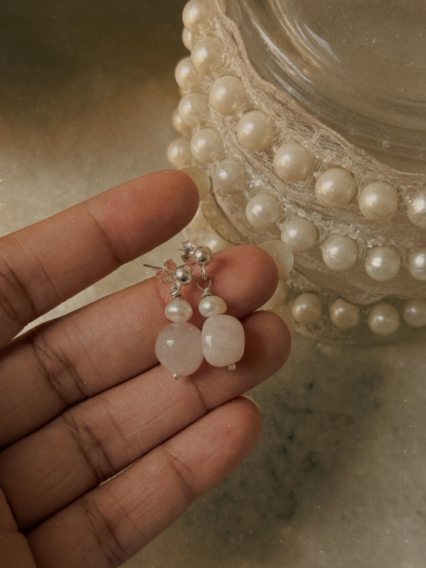 925 Sterling Silver Rose Quartz Tumble with Fresh Water Pearl Handcrafted Studs