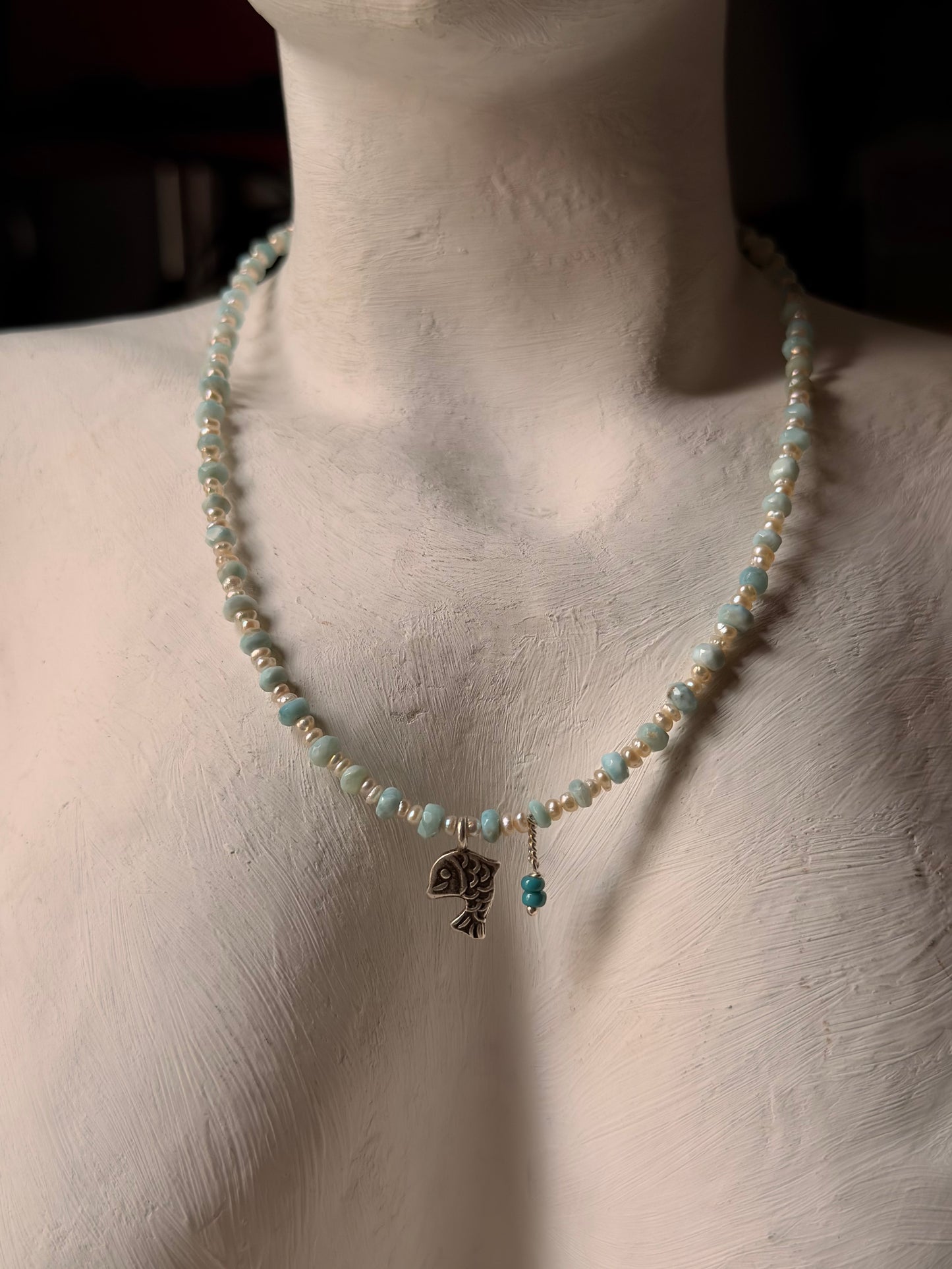 Natural Larimar, Fresh Water Pearls , Silver Fish Charm & Blue Bead Hanging Charm Handcrafted 925 Sterling Silver Necklace