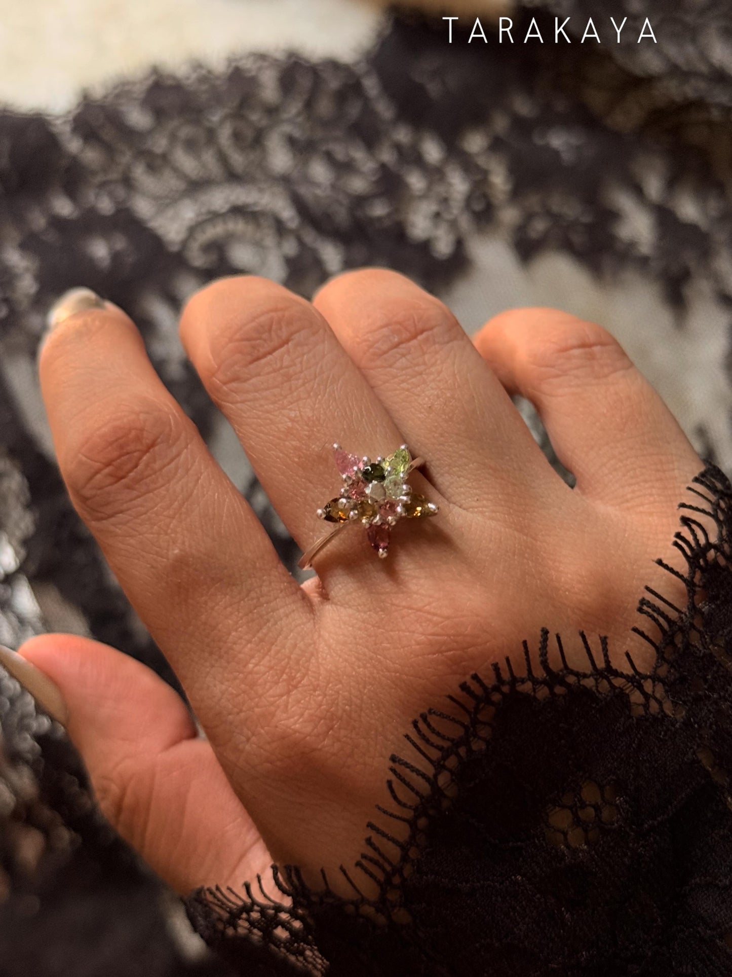 925 Sterling Silver Multi Tourmaline star Ring