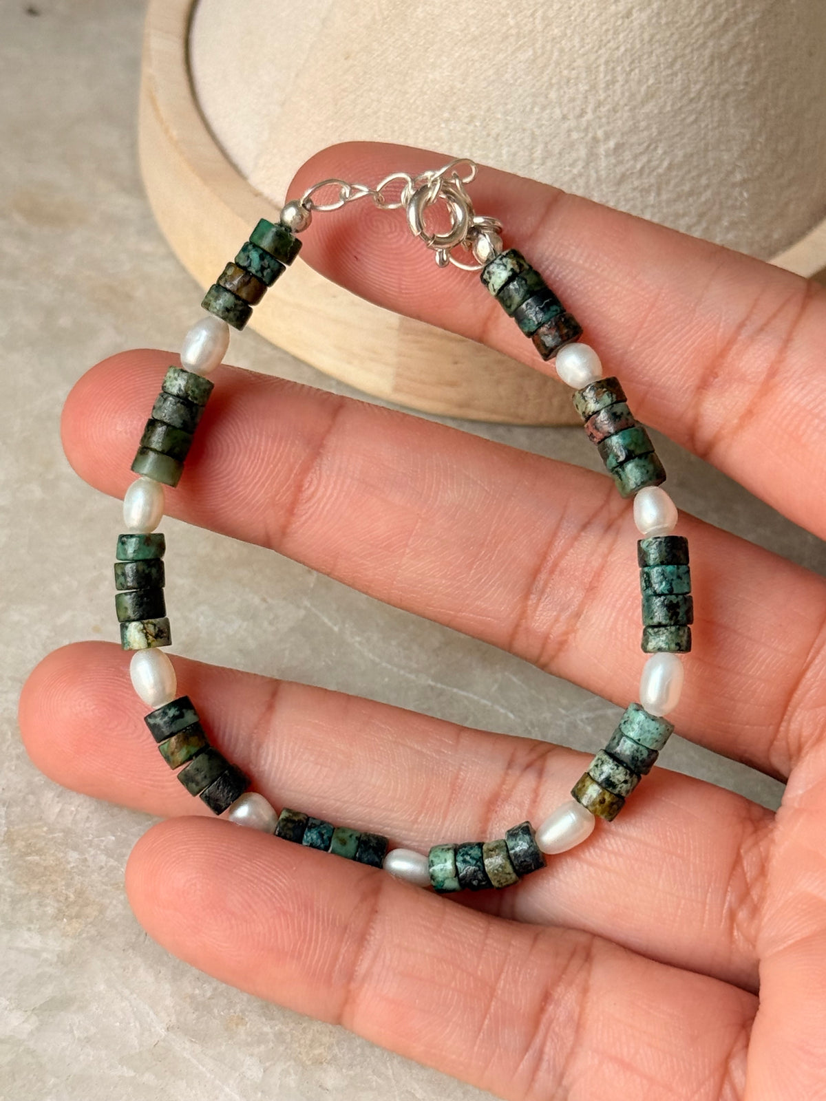 925 Sterling Silver African Turquoise Flat Fresh Water Pearls Bracelet