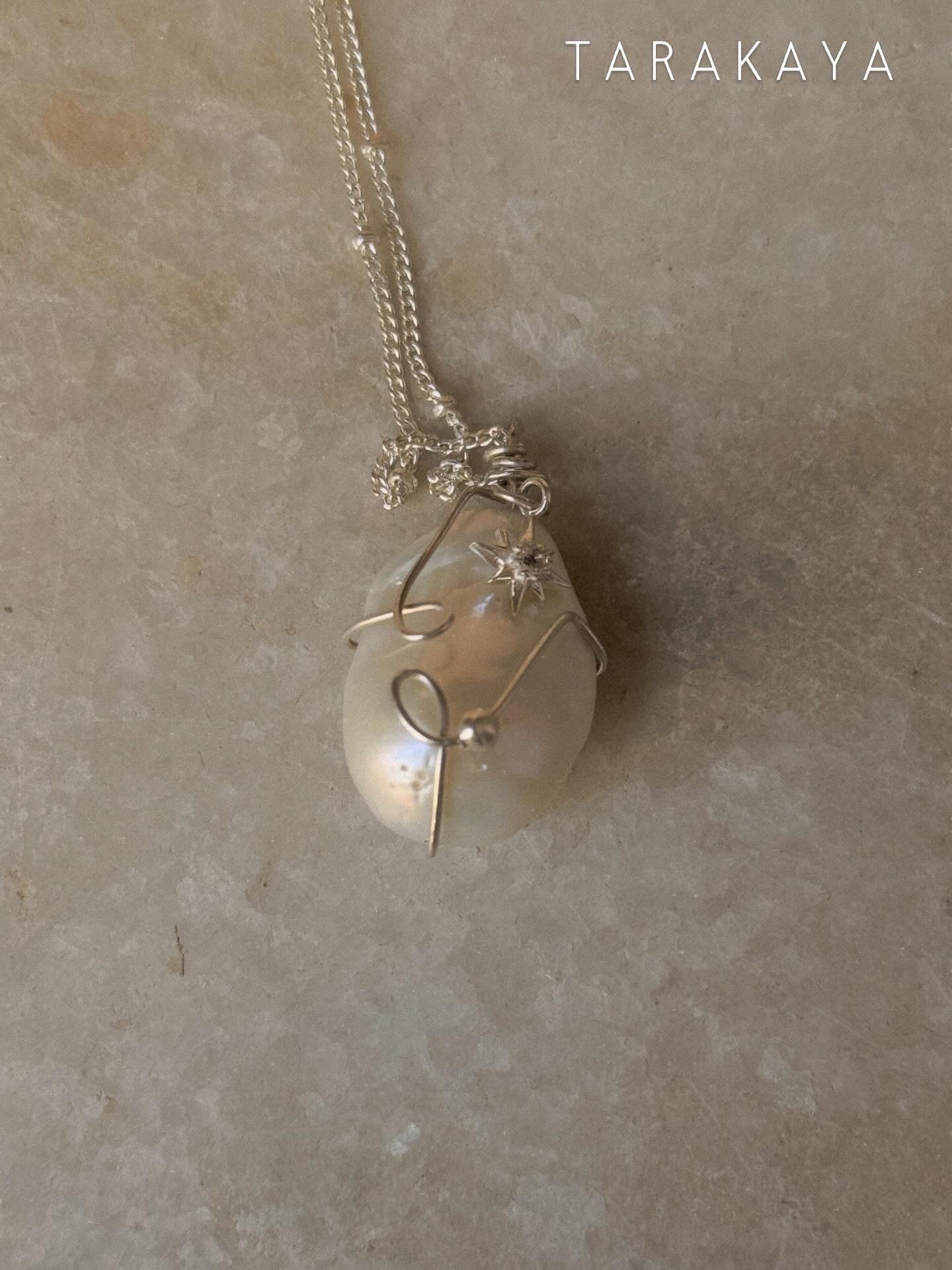 925 Sterling Silver One Of a Kind Baroque Pearl -White Topaz North Star Charm - Cable Dot Chain Handcrafted Necklace