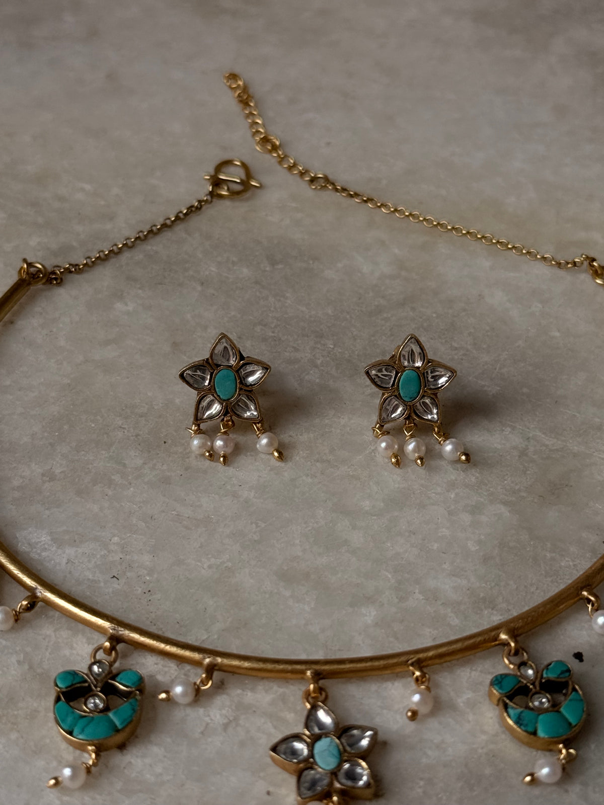 925 Sterling Silver Turquoise , Fresh Water Pearls & Kundan Polki Handcrafted Gold Plated Necklace Set