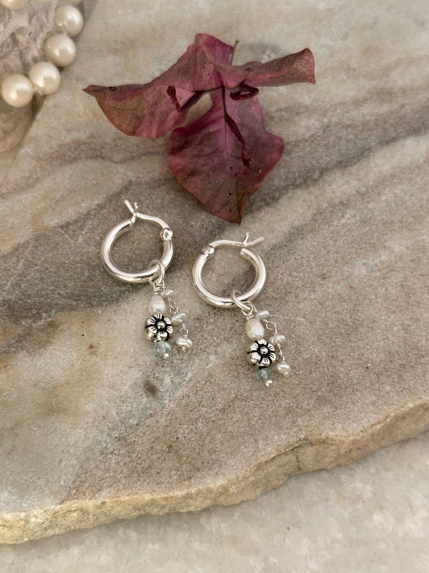 925 Sterling Silver Fresh Water Pearl, Aquamarine & Floral Hoops
