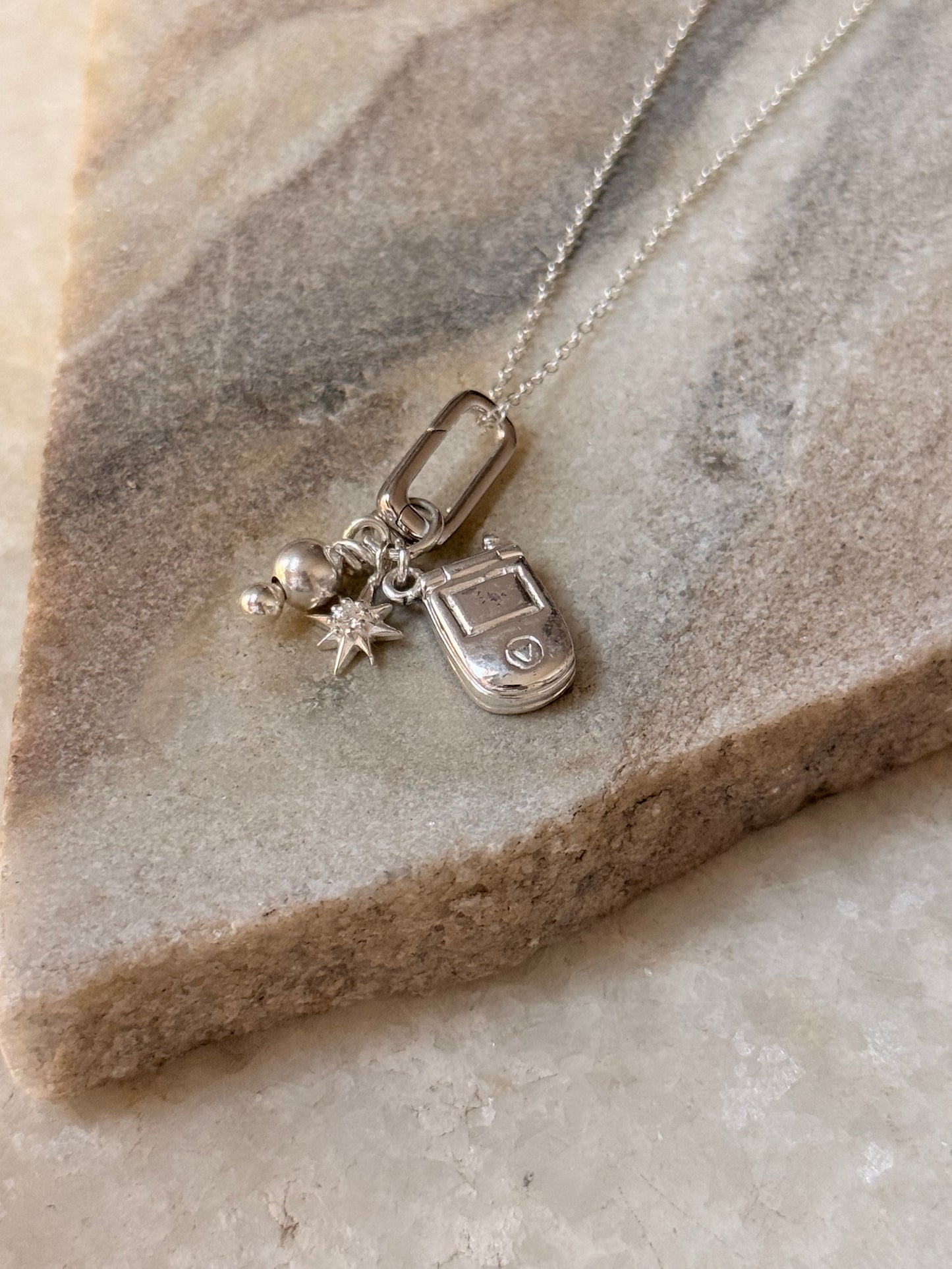 925 Sterling Silver Flip Mobile Phone, White Topaz North Star and Silver Bead With Italian Rectangular Charm Connector