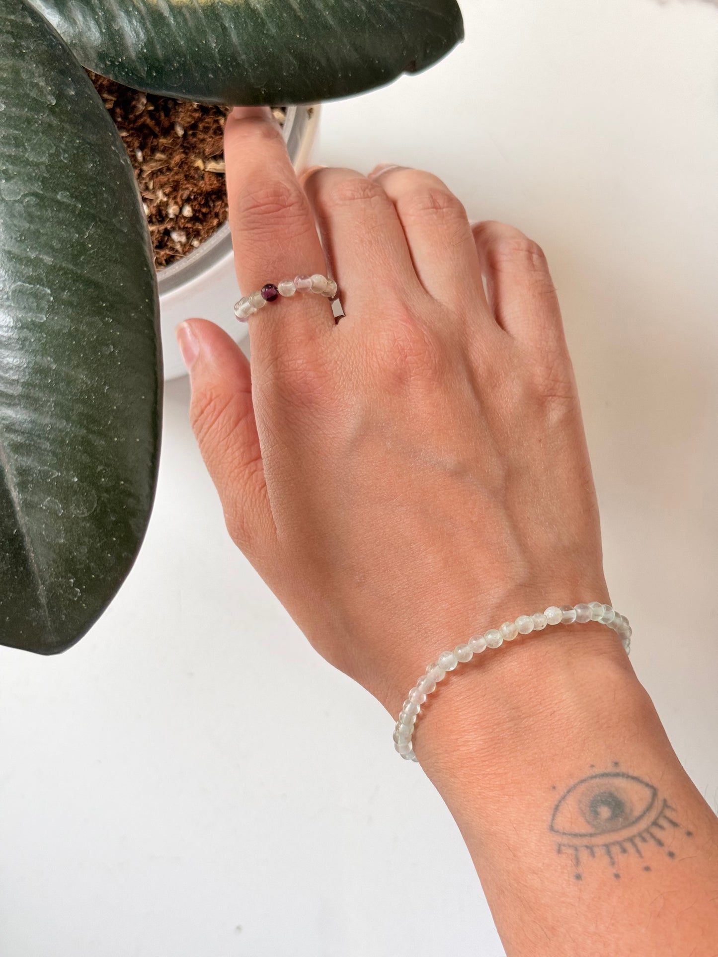 Natural Crystal Fluorite 4mm Stretchy Rings & Bracelet