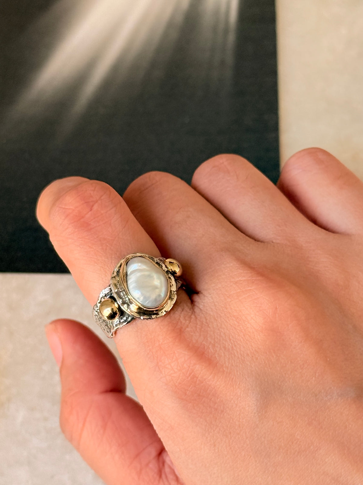 925 Sterling Silver Baroque Pearl Rustic Fusion Handcrafted Ring