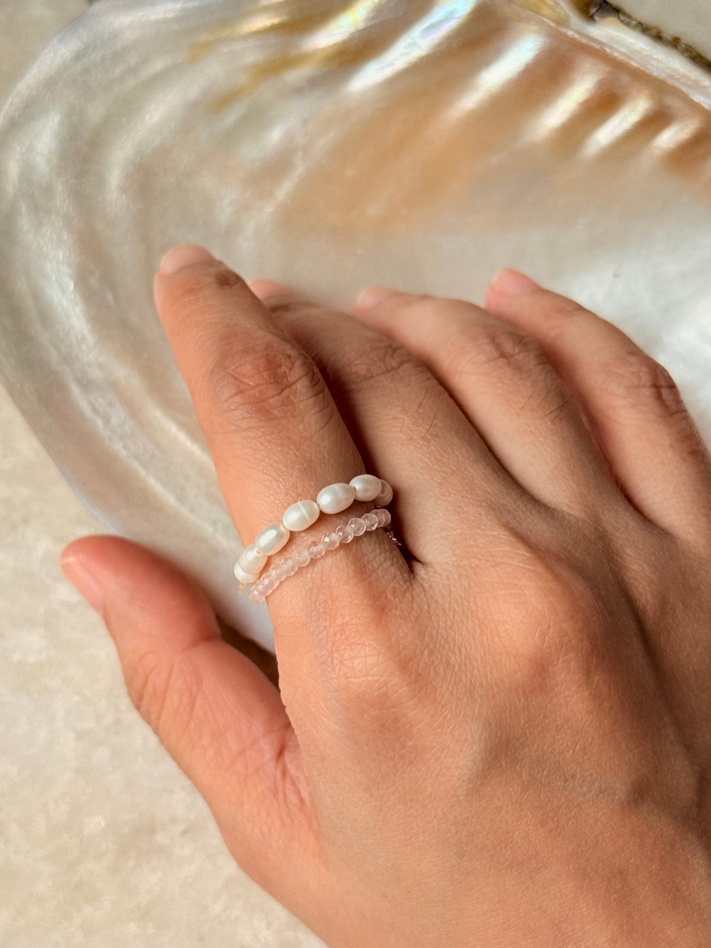 Natural Crystal Stretchy Light Shade Rose Quartz 2mm & Fresh Water Pearl Rings