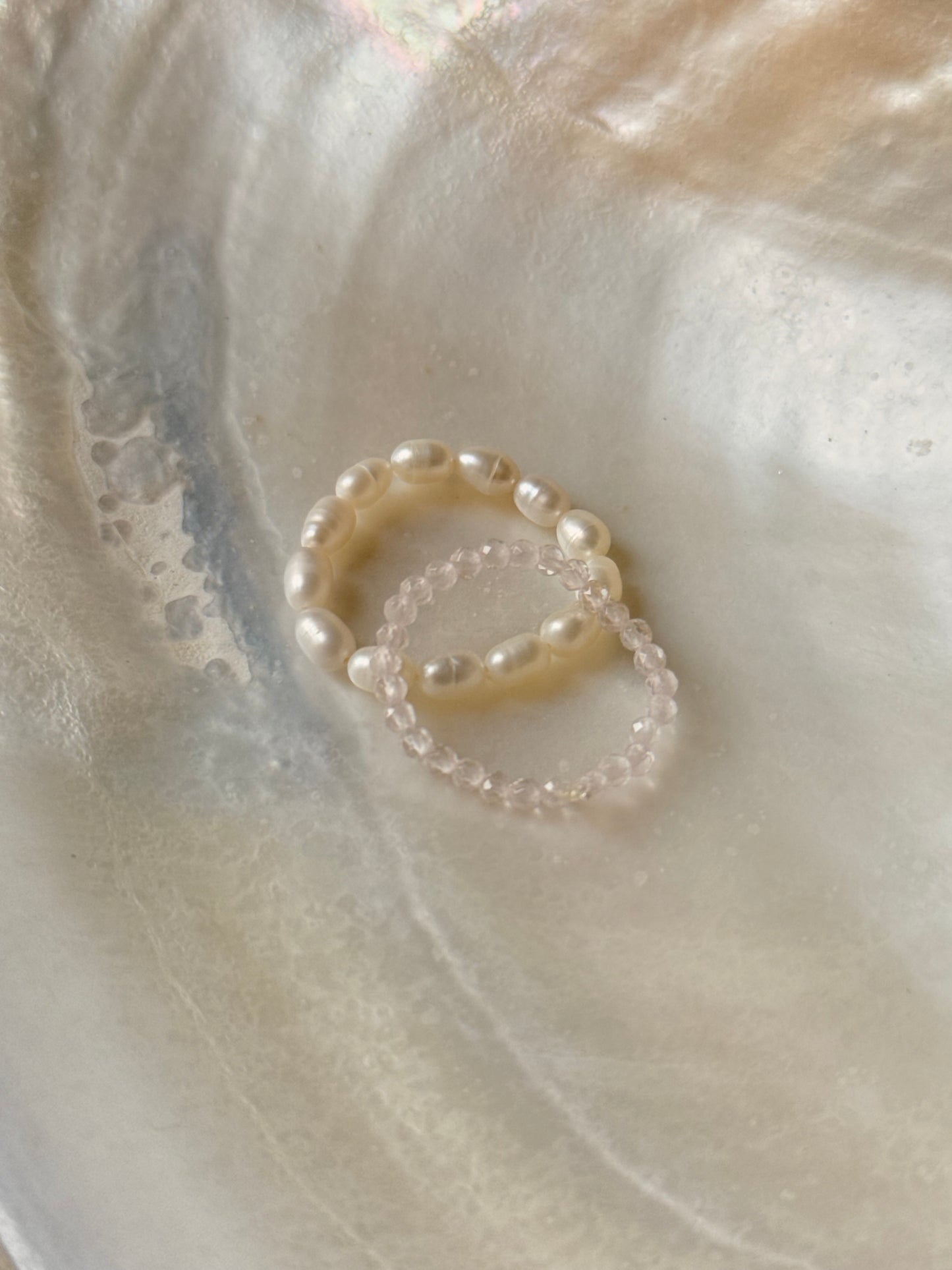 Natural Crystal Stretchy Light Shade Rose Quartz 2mm & Fresh Water Pearl Rings