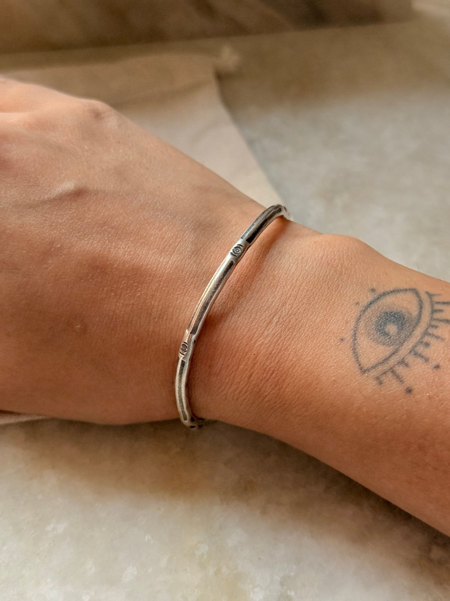 925 Sterling Silver Antique Hill Tribe Handcrafted Evil Eye  Adjustable Kada