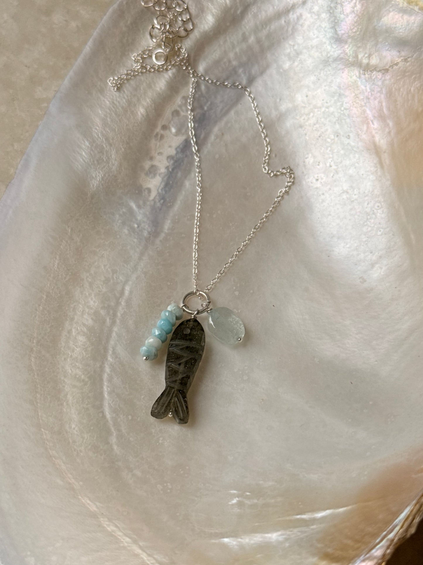 925 Sterling Silver Labradorite Fish Carved , Larimar & Aquamarine Small Tumble Charms Dainty Cable Chain Necklace
