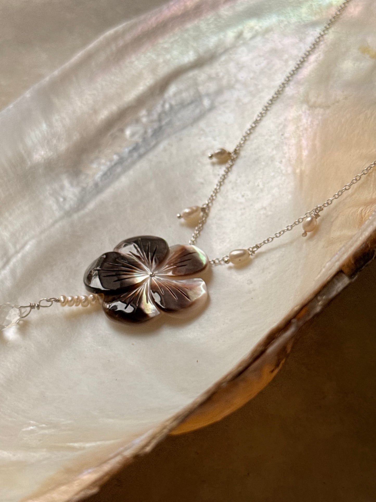 925 Sterling Silver Brown Mother Of Pearl Flower Carved , Fresh Water Pearls Charms & Clear Quartz Drop Handcrafted Dainty Necklace