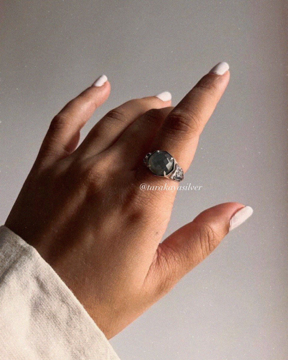 Labradorite Vintage Goth Style Checker Board Cut 925 Sterling Silver Ring
