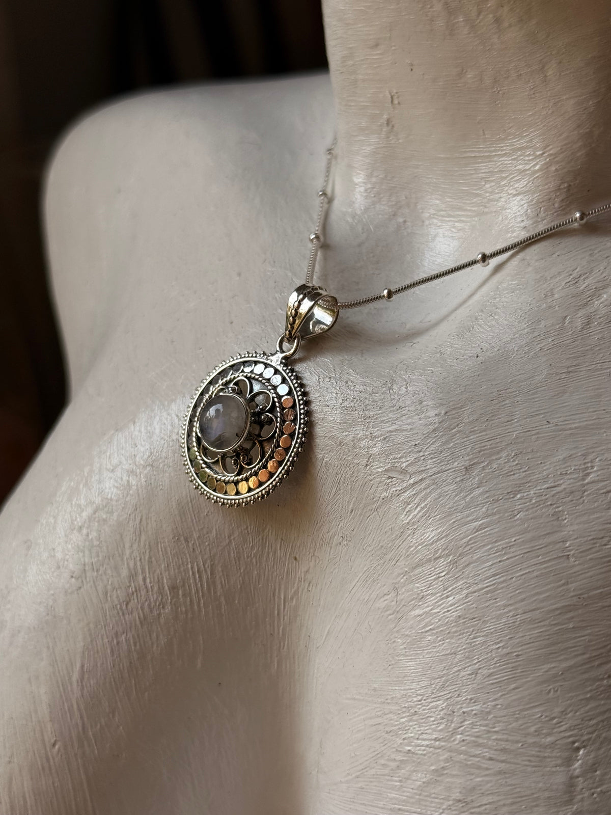925 Sterling Silver Moonstone Round Boho Handcrafted One of a Kind Pendant
