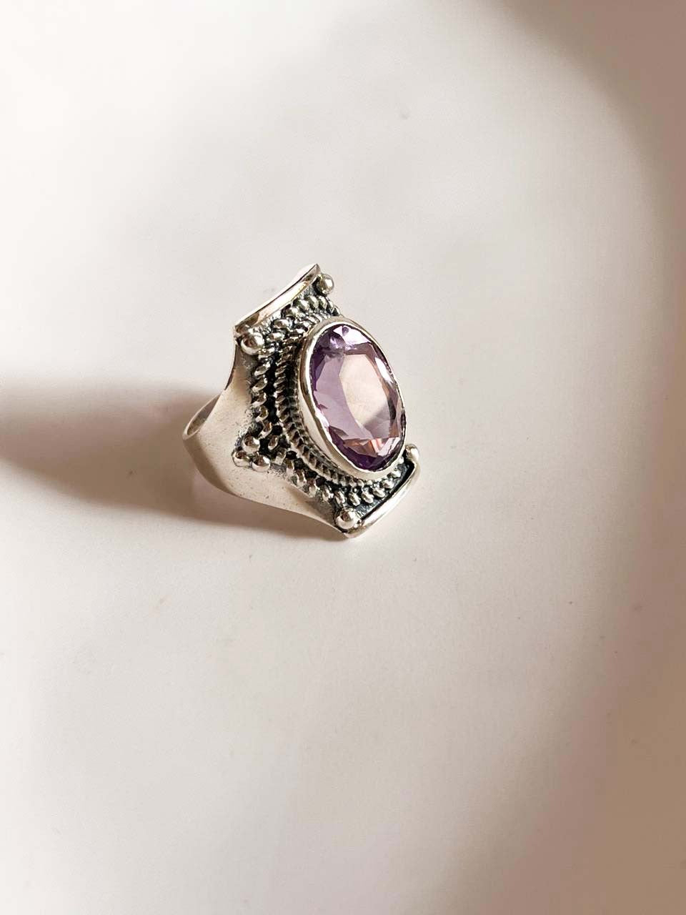 Boho Style Amethyst Silver Statement Ring