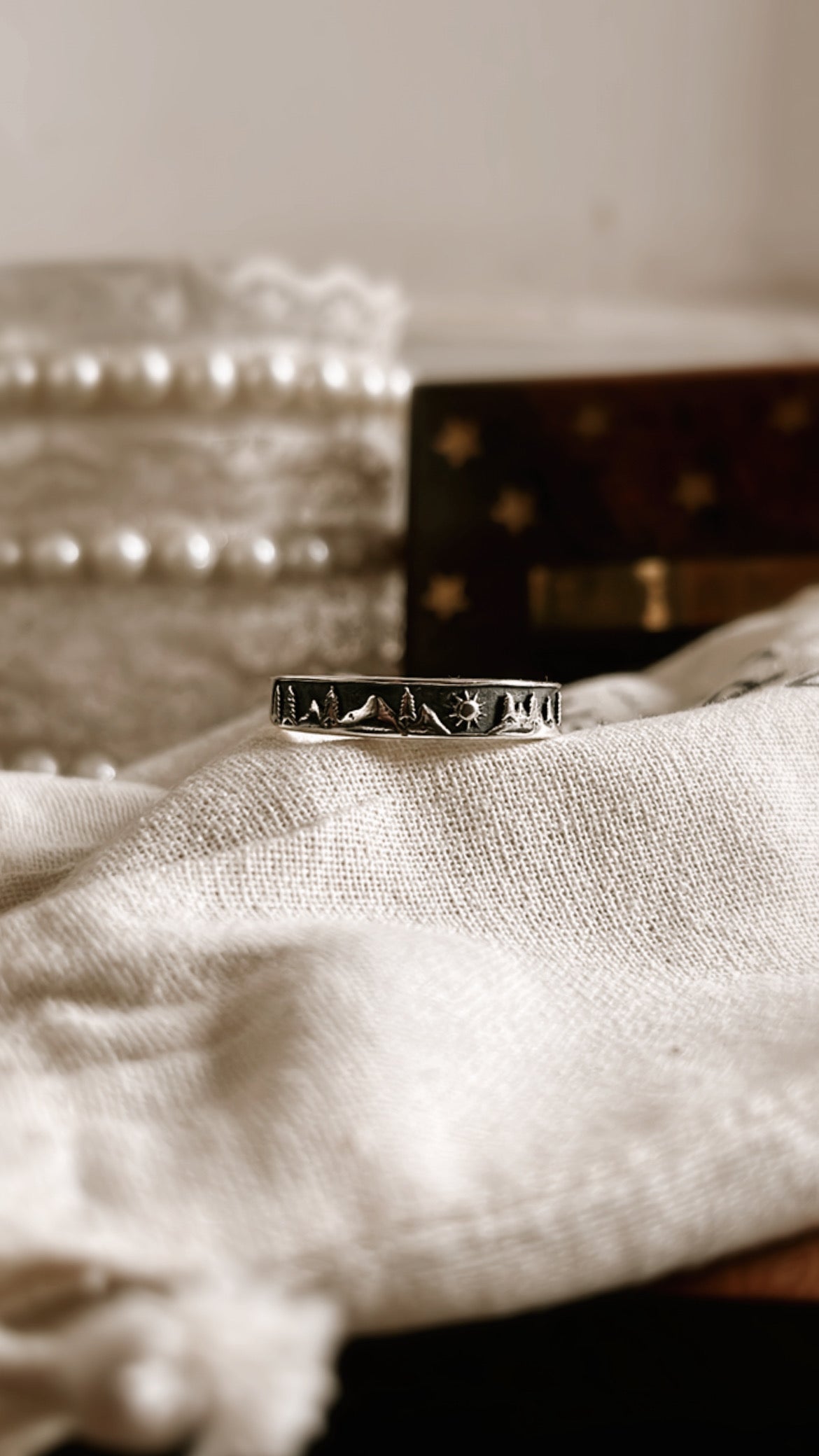 Mountains, Pine Trees, and Sun Adjustable Silver Ring