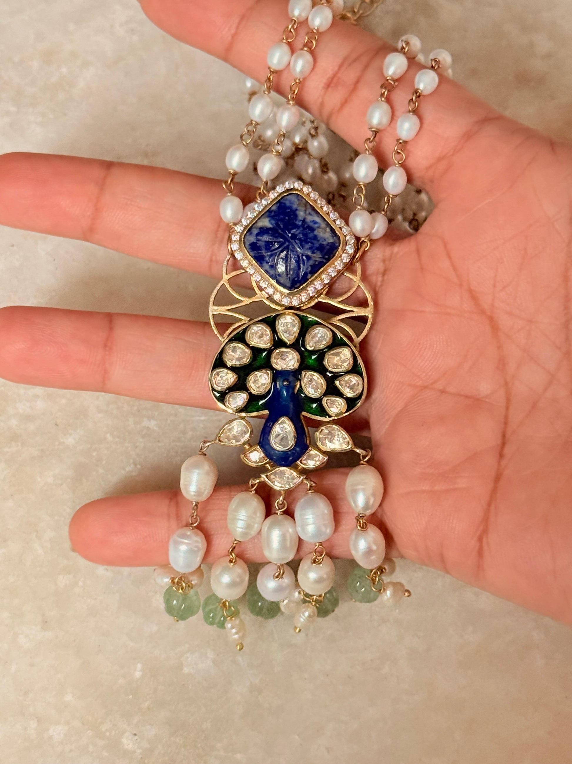 925 Sterling Silver Gold Plated Peacock Necklace with Antique Moissanite Polki, Meenakari, Lapis and Strawberry Quartz