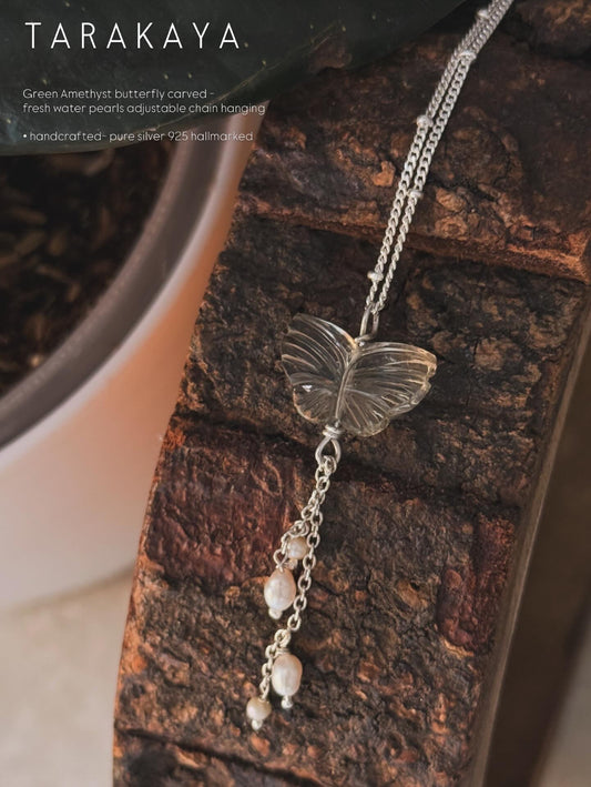 925 Sterling Silver Green Amethyst Butterfly, Fresh Water Pearls Handcrafted Necklace