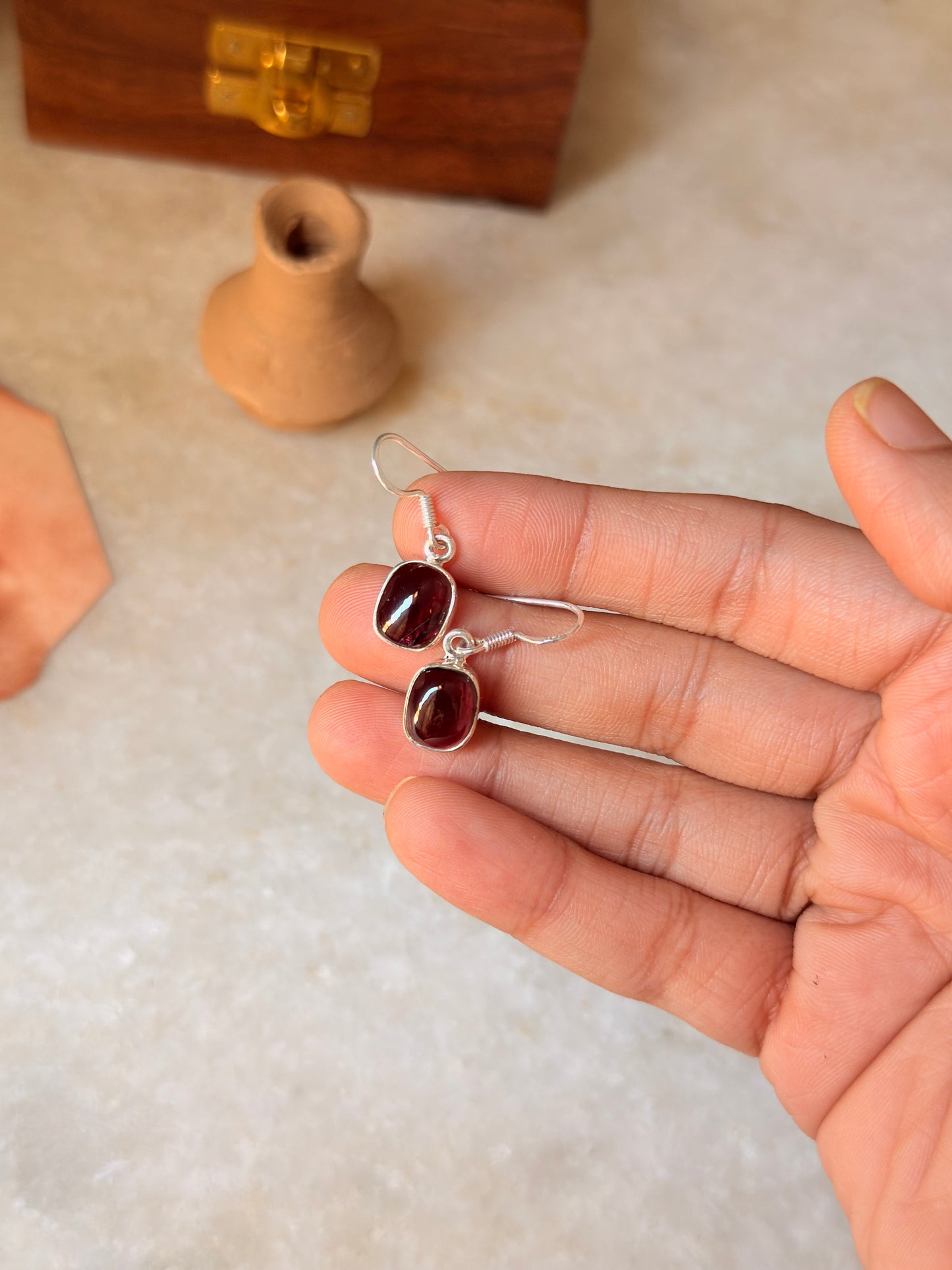 925 Sterling Silver Garnet Rectangular Daily Wear Hook Handcrafted Earrings