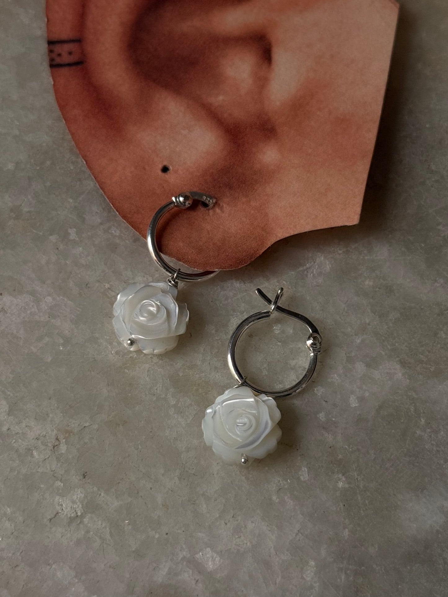 925 Sterling Silver Mother of Pearl Rose Carved Charm Italian Hoops