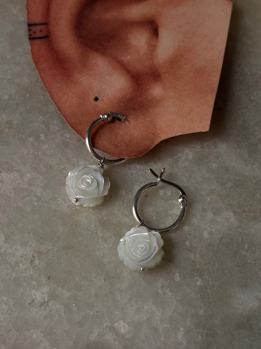 925 Sterling Silver Mother of Pearl Rose Carved Charm Italian Hoops