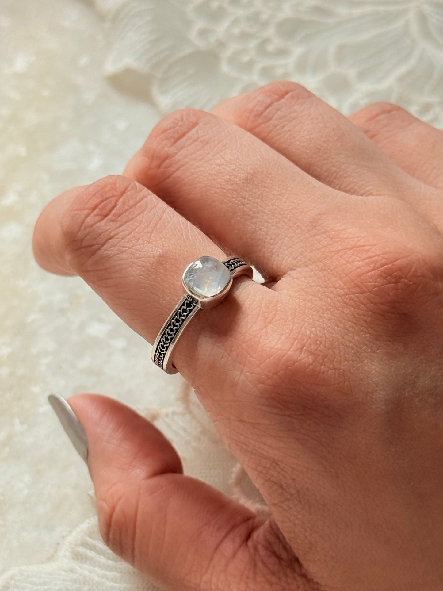 925 Sterling Silver Rainbow Moonstone Square Heart Band Ring