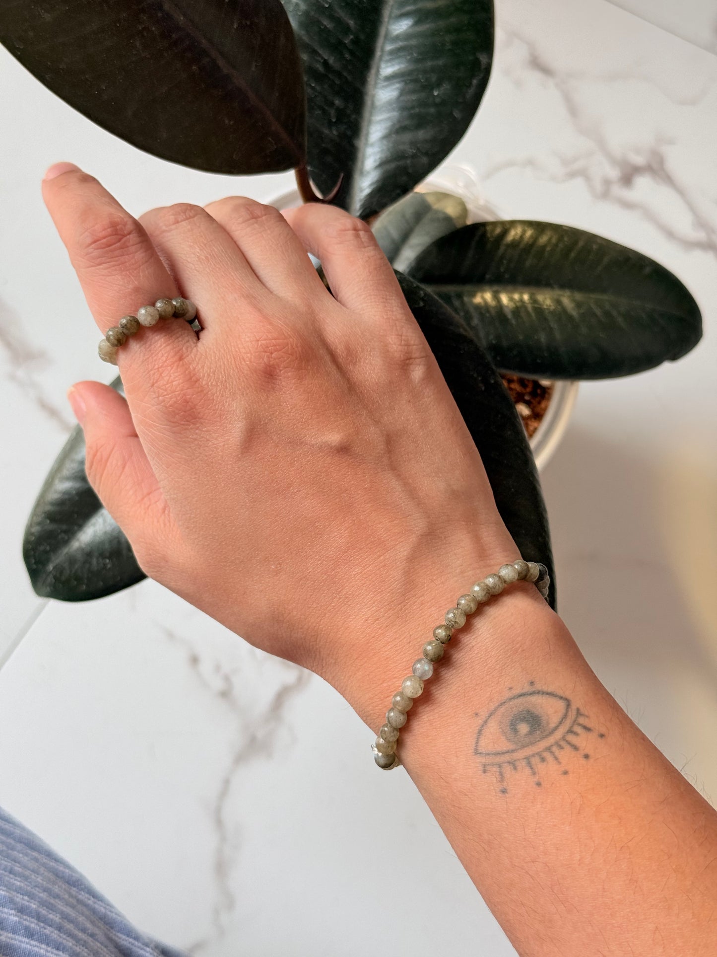 Natural Crystal Labradorite 4mm Stretchy Rings & Bracelet