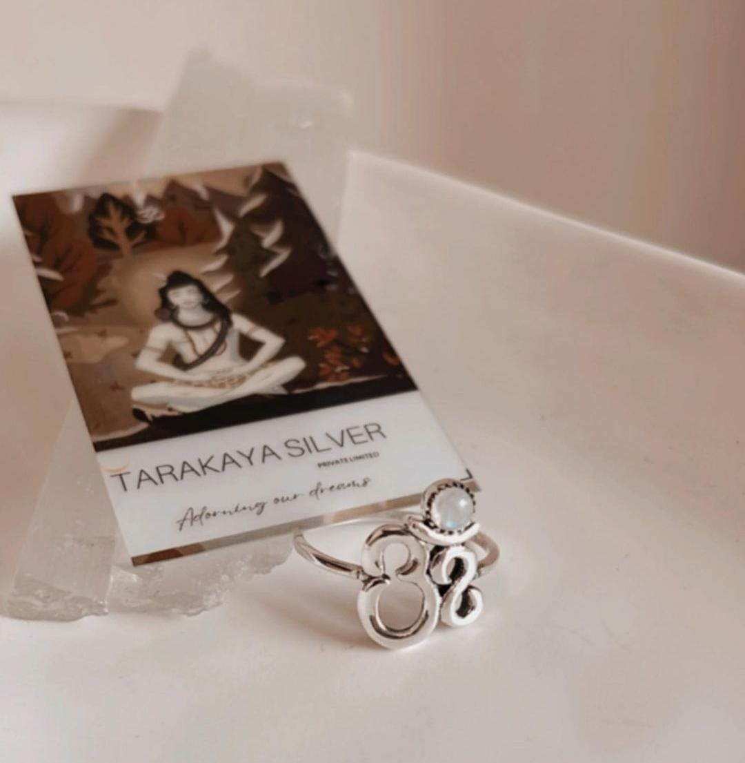 Moonstone Silver Ring with Om Aum Symbol