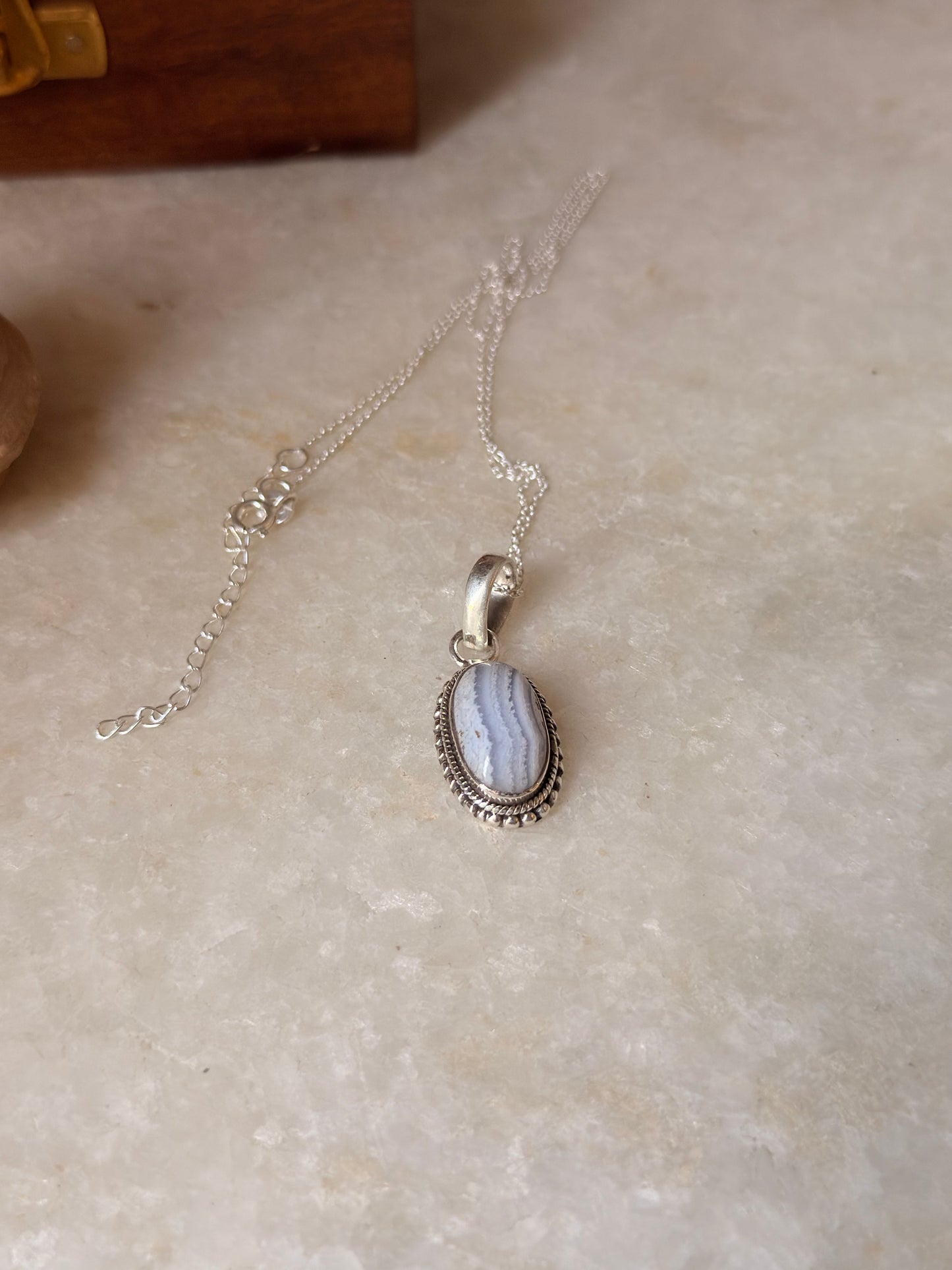 925 Sterling Silver Blue Lace Agate Handcrafted Oval Rawa Pendant