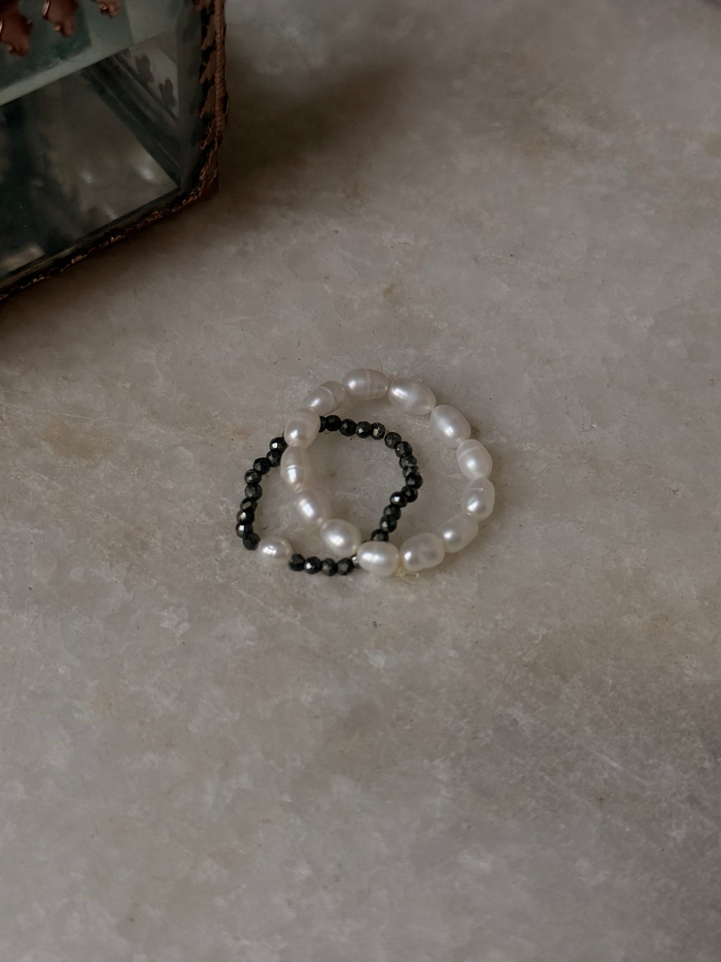 Natural Crystal Stretchy Fresh Water Pearl & Pyrite Pearl Rings