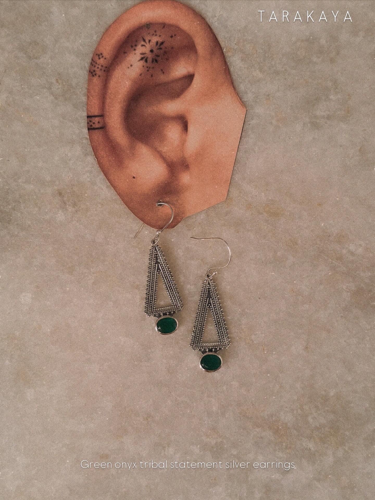 925 Sterling silver Green Onyx Triangle Tribal Earrings