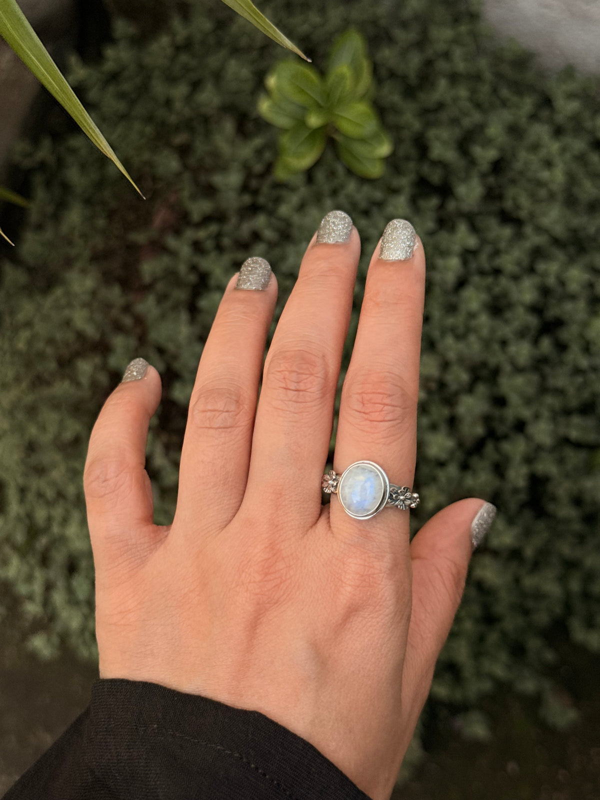 925 Sterling Silver Moonstone Oval Detailed Forest Enchantment Ring