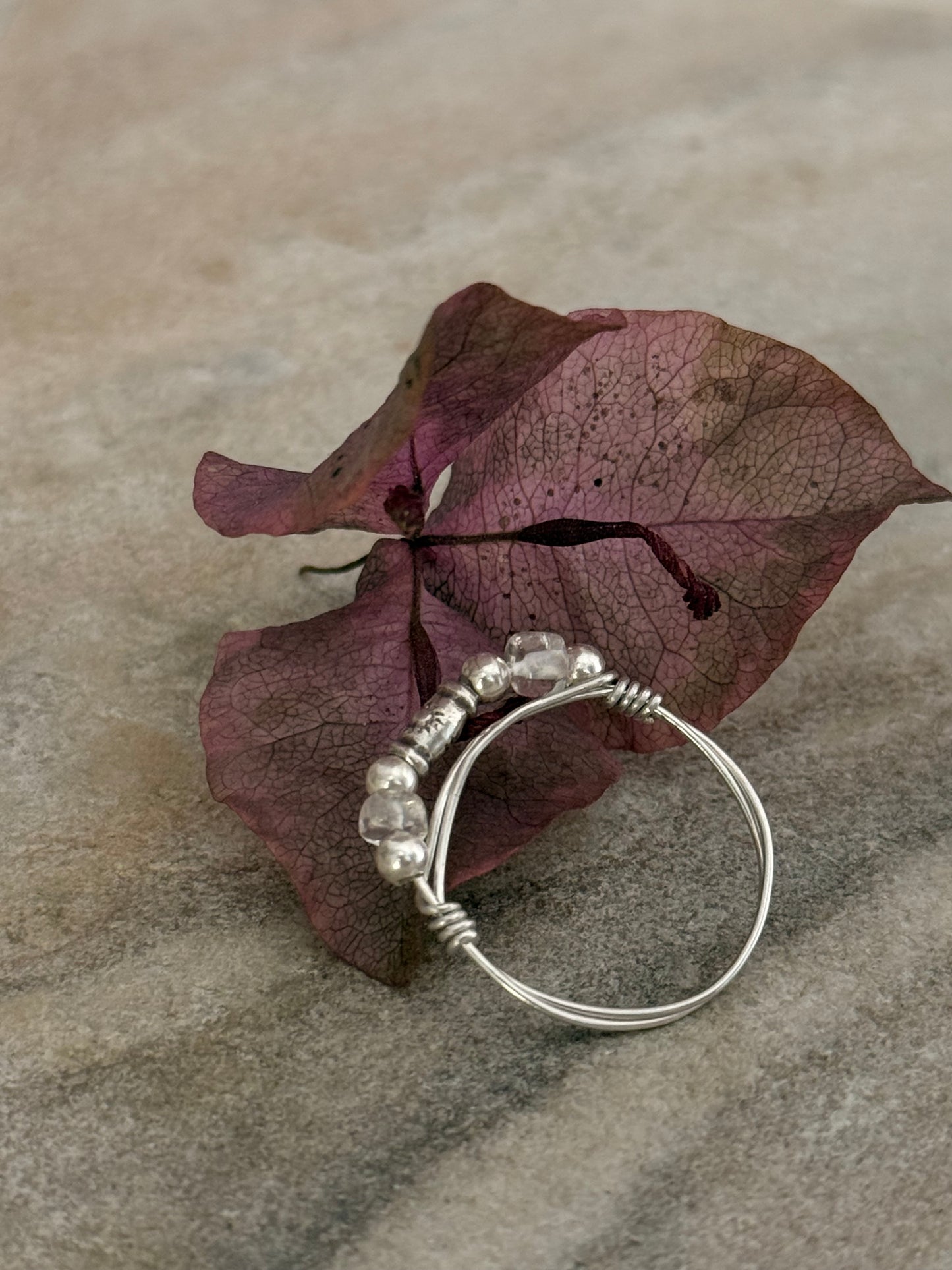 925 Sterling Silver Clear Quartz Sun Engraved Silver Bead Wire Wrapped Handcrafted Ring