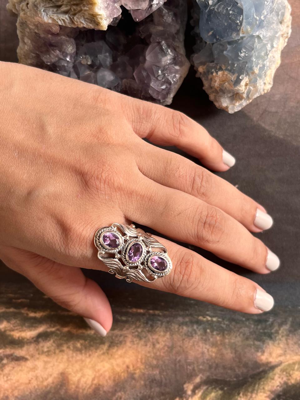 Three Stone Amethyst Statement Ring in Silver 