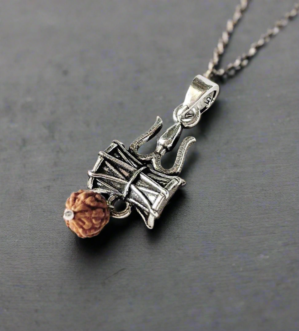 Trishul Damru Rudraksh 925 Sterling Silver Pendant