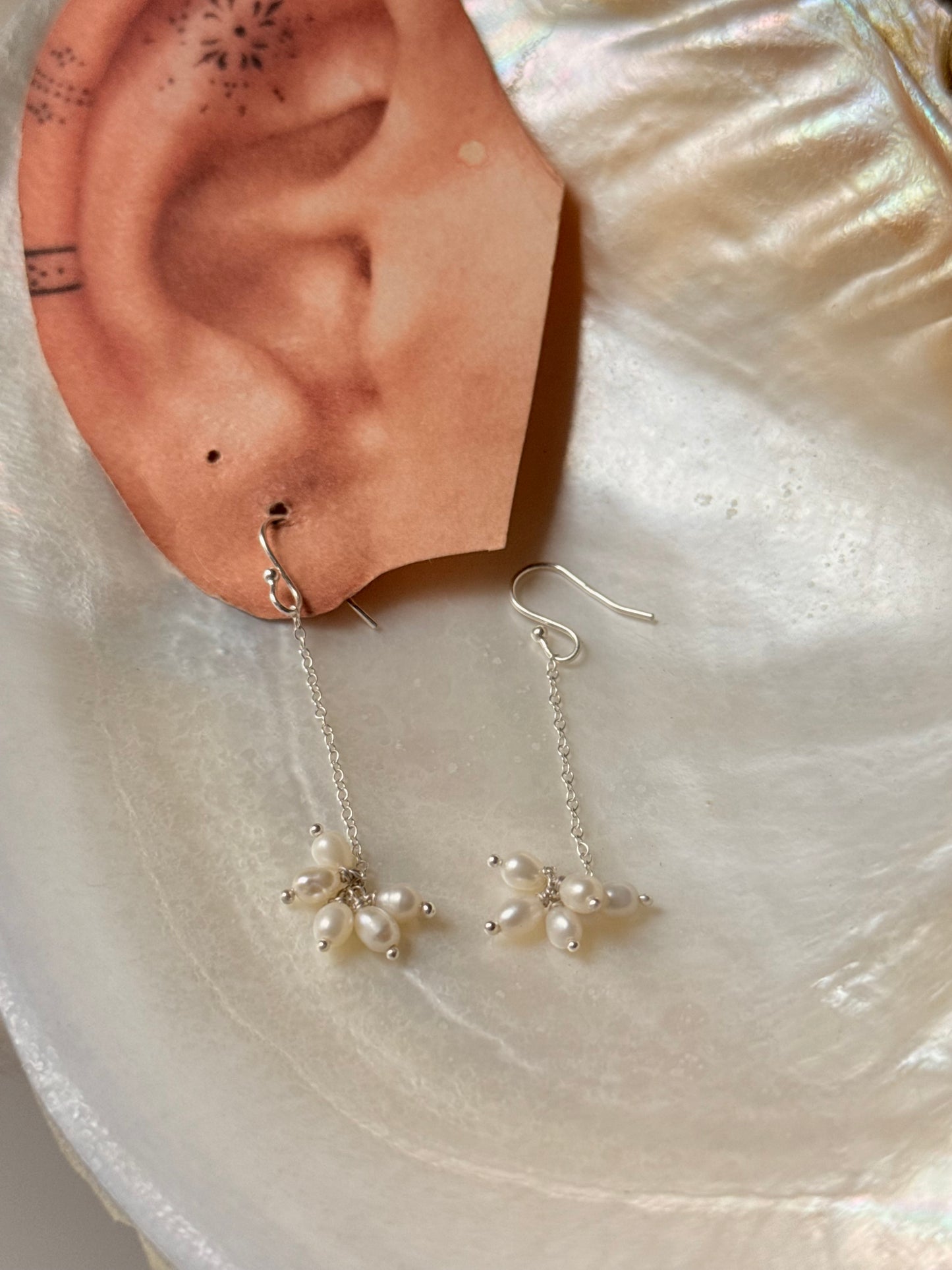 925 Sterling Silver Fresh Water Pearls Jhumki Charms Handcrafted Hook Earrings