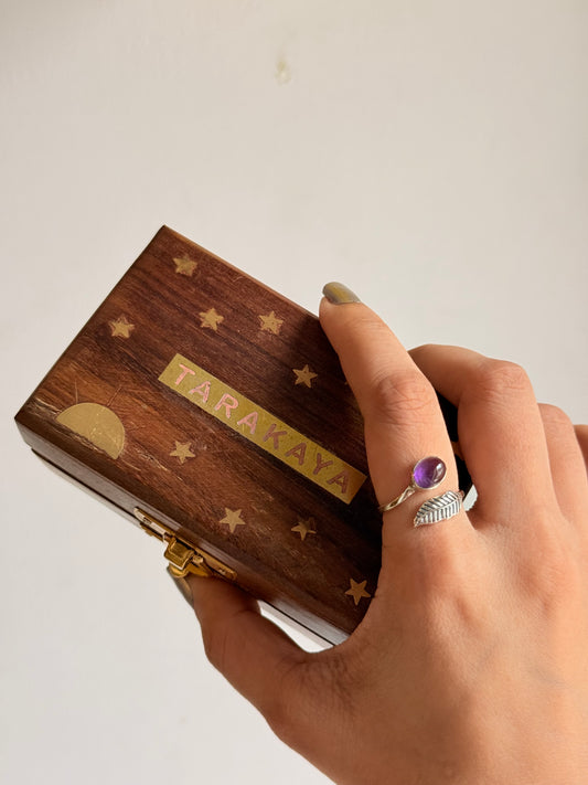 Boho 925 Sterling Silver Amethyst Feather Wrap Ring