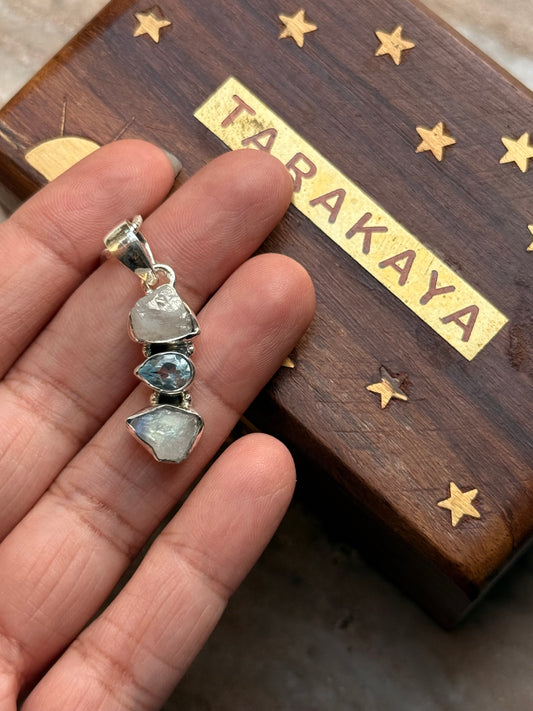 925 Sterling Silver Blue Topaz, Moonstone Raw Cluster Handcrafted One of a Kind Pendant