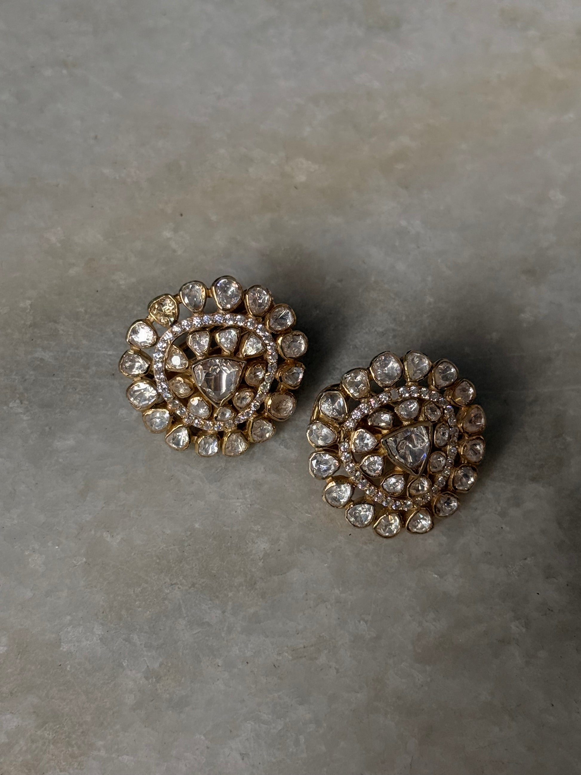 925 Sterling Silver Gold Plated Antique Moissanite Polki Round Stud Earrings