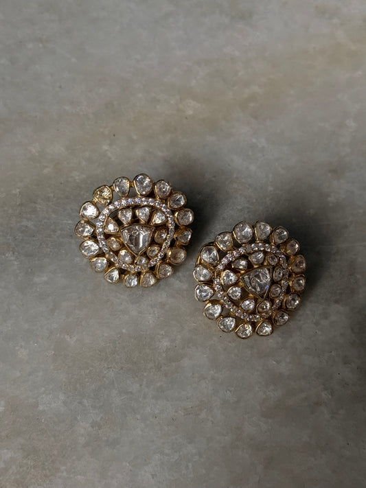 925 Sterling Silver Gold Plated Antique Moissanite Polki Round Stud Earrings