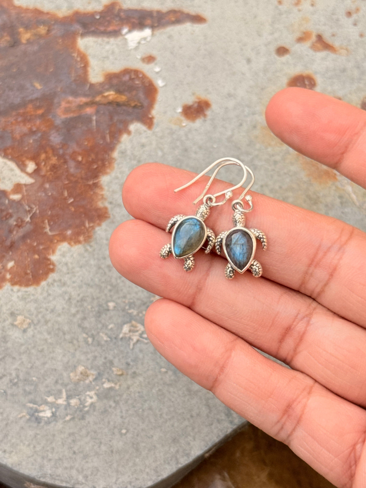 925 Sterling Silver Labradorite Turtle Earrings