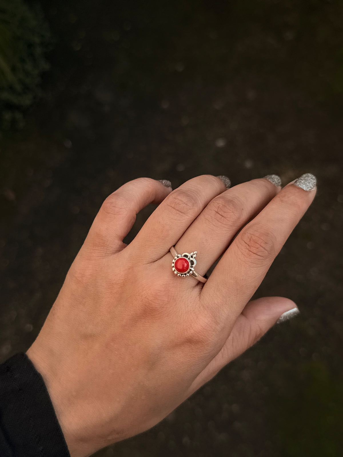 925 Sterling Silver Red Coral Boho Ring