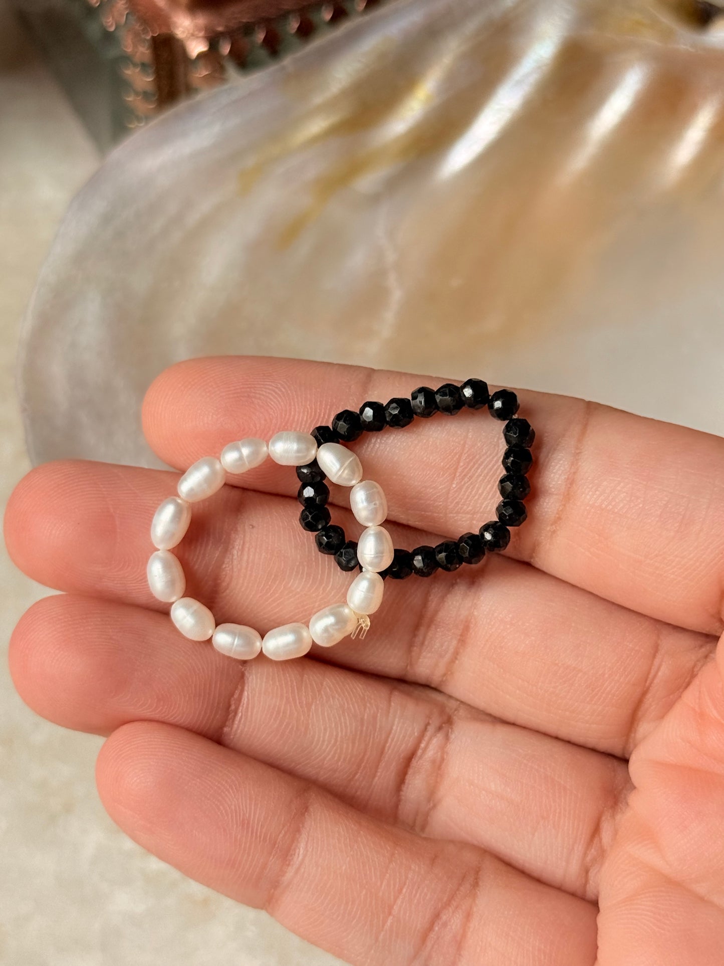 Natural Crystal Stretchy Black Spinel 3-4mm & Fresh Water Pearl Rings