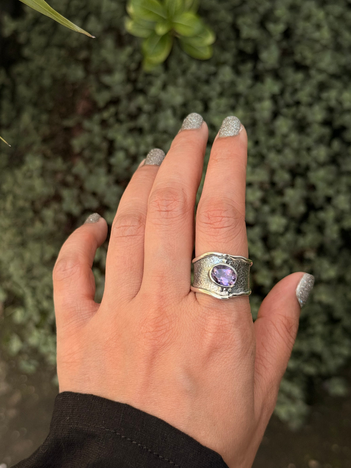 925 Sterling Silver Amethyst Textured Rustic Statement Handcrafted Ring