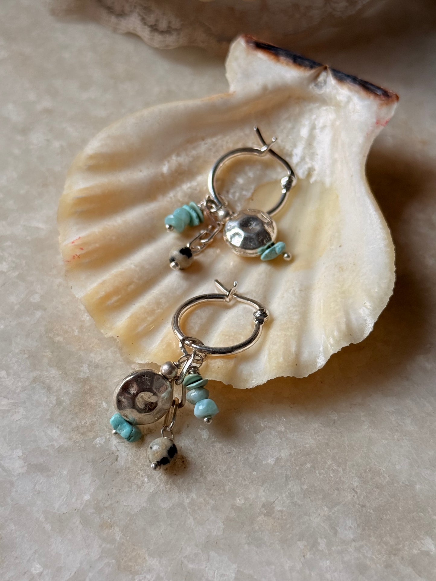 925 Sterling Silver Larimar , Turquoise , Dalmatian Jasper With Paper Clip Chain, Handcrafted Rustic Hoops Earrings