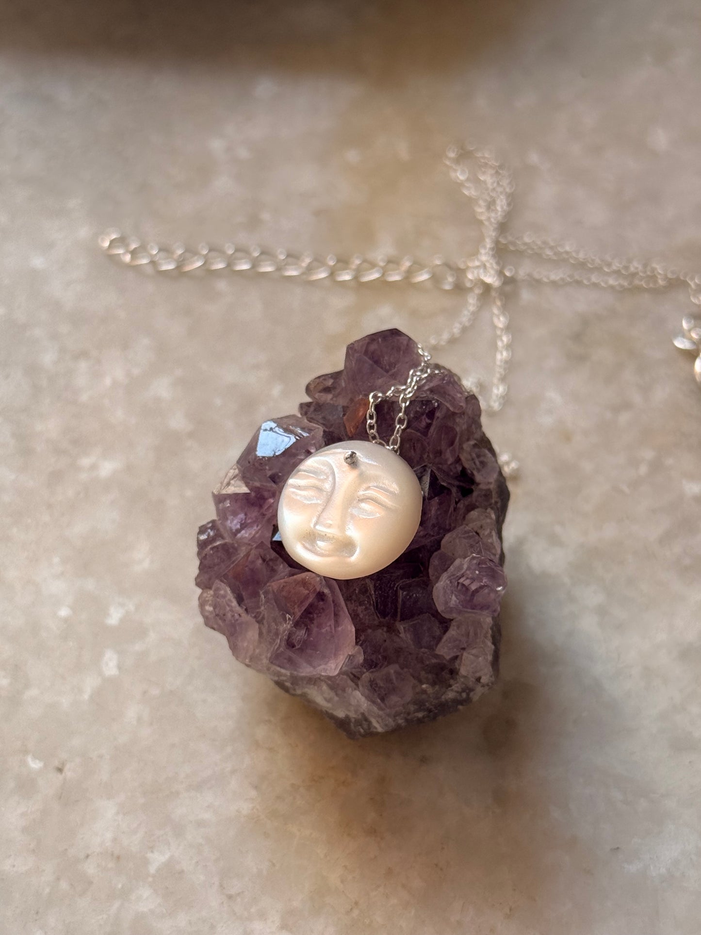925 Sterling Silver Mother of Pearl Full Moon Face Carved Handcrafted Necklace