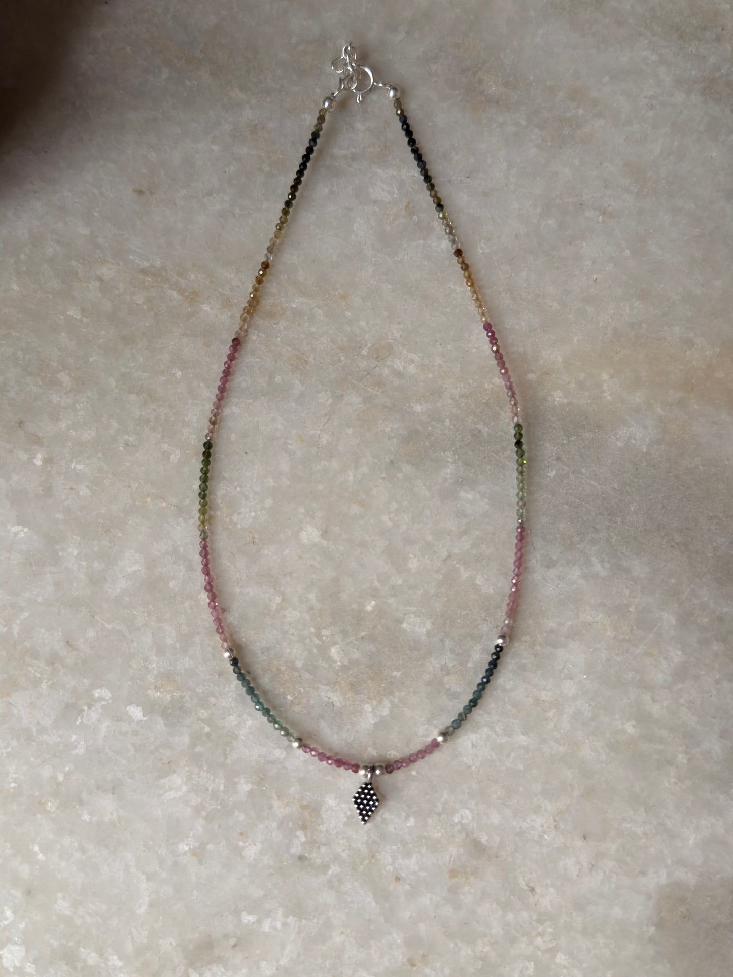 Multi Tourmaline 2mm Tribal Rawa Charm & Silver Balls 925 Sterling Silver Necklace