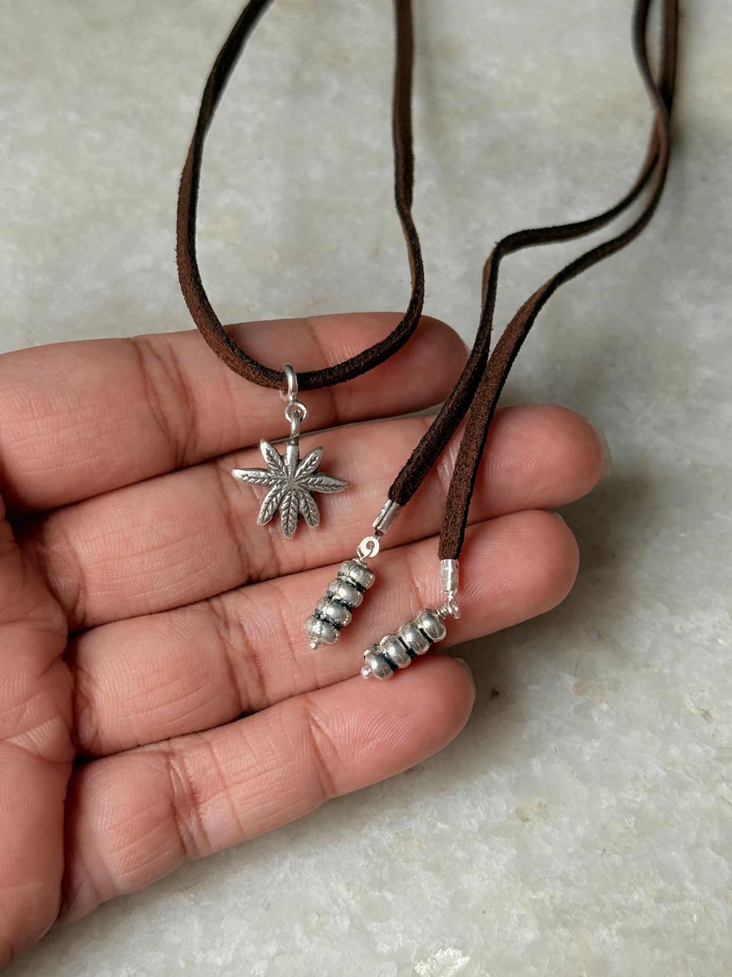 925 Sterling Silver Hemp Charm & Tribal Chunky Charm Tassel Leather Dark Brown Leather Cord Necklace