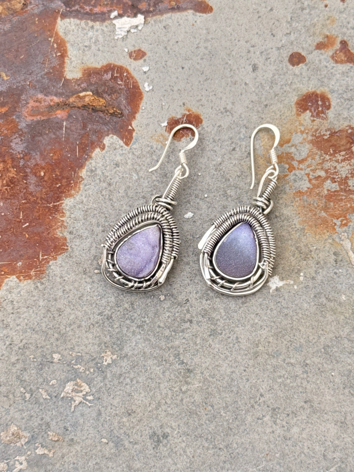 925 Sterling Silver Purple Geode Shiney Wire Wrap Gothic Handcrafted Hook Earrings