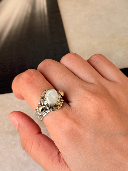 925 Sterling Silver Baroque Pearl Rustic Fusion Handcrafted Ring